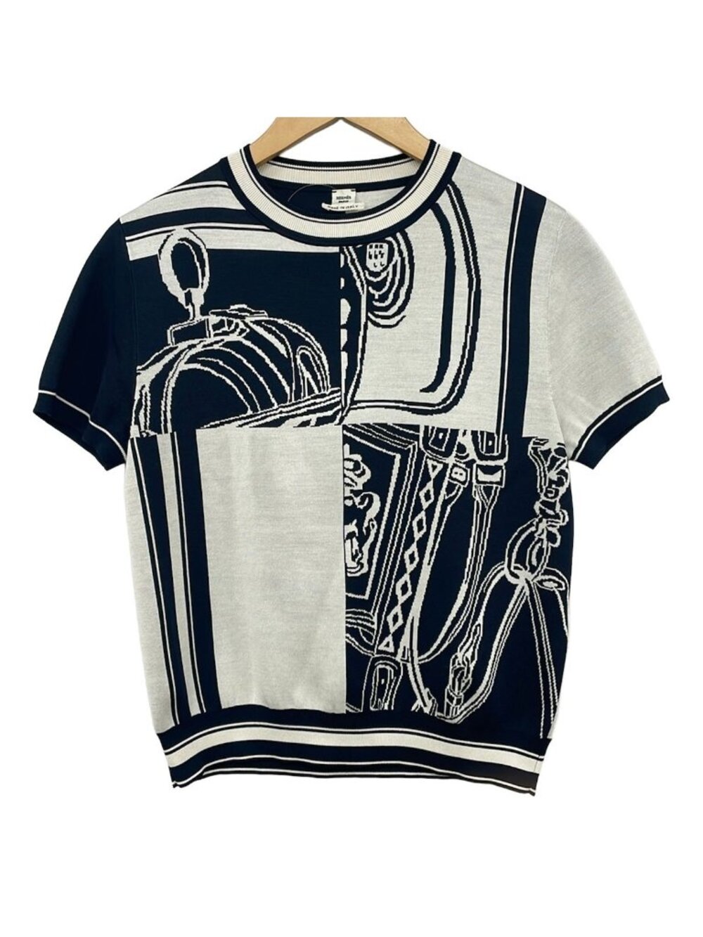 Hermes Short Sleeve Sweater M Ivory Dark Navy Crew 40